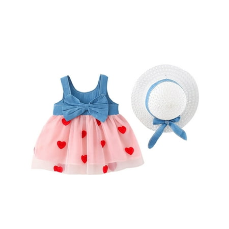 

Binpure Little Girls Dress Mesh Splicing Denim Suspender Skirt Straw Hat
