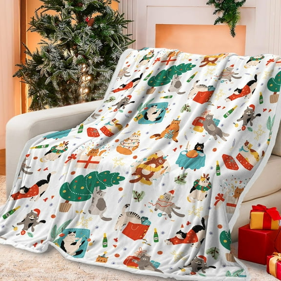 Christmas Cat Blanket, Funny Cute Xmas Cat Throw Blankets Present for Cat Lovers Adults Girls Women, Soft Cozy New Year Holiday Kittens Blanket for Bed Living Room Bedding Couch Decor, 50X60IN