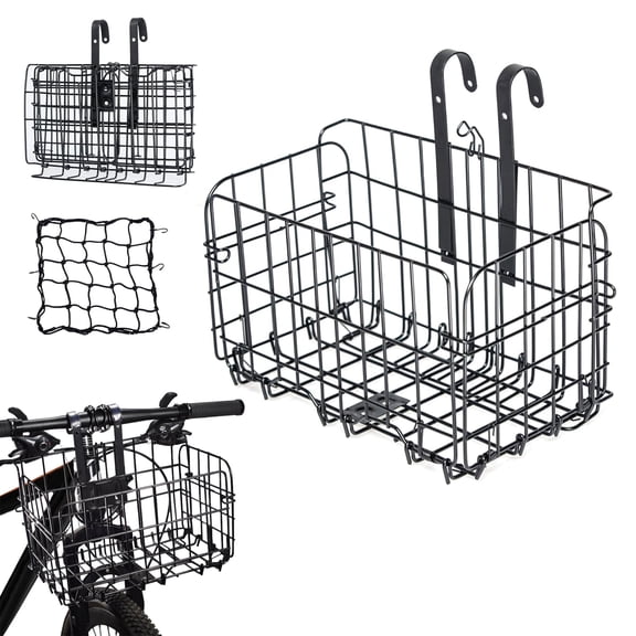 Semfri Folding Bicycle Front Cargo Basket,Rustproof Metal with Mesh Cover (Black)