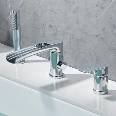 Roman Bathtub Faucet with Sprayer Deck Mount 3-Hole Tub Filler Faucet, Polished Chrome Waterfall Roman Tub Faucet with Valve Included