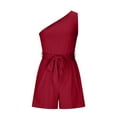 thumbnail image 4 of Usmixi Jumpsuits for Women Fashion One Shoulder Loose Smocked Wide Leg Short Jumpsuits Overalls with Belt Summer Formal Solid Slash Neck Sleeveless Mini Rompers Wine l, 4 of 6