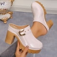 thumbnail image 4 of Heeled Sandals for Women Closed Toe Backless Mules Fashion Studded Splice Leather Slides Chunky Lug Sole Platform Heels Beige Size 8.5, 4 of 6
