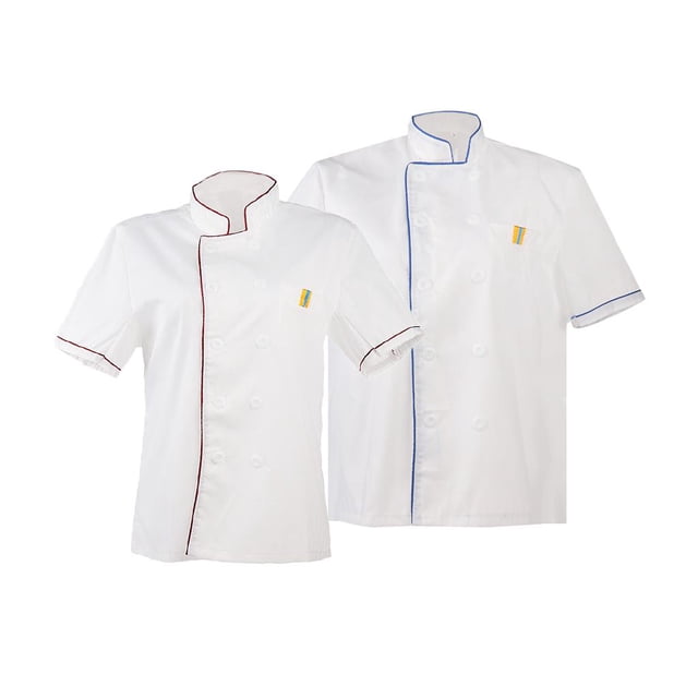 Set de 2pcs Chaquetas Cortas Pecho Bolsillo Unisex Chef Camarero Cocina Yinane chaqueta de cocinero manga corta