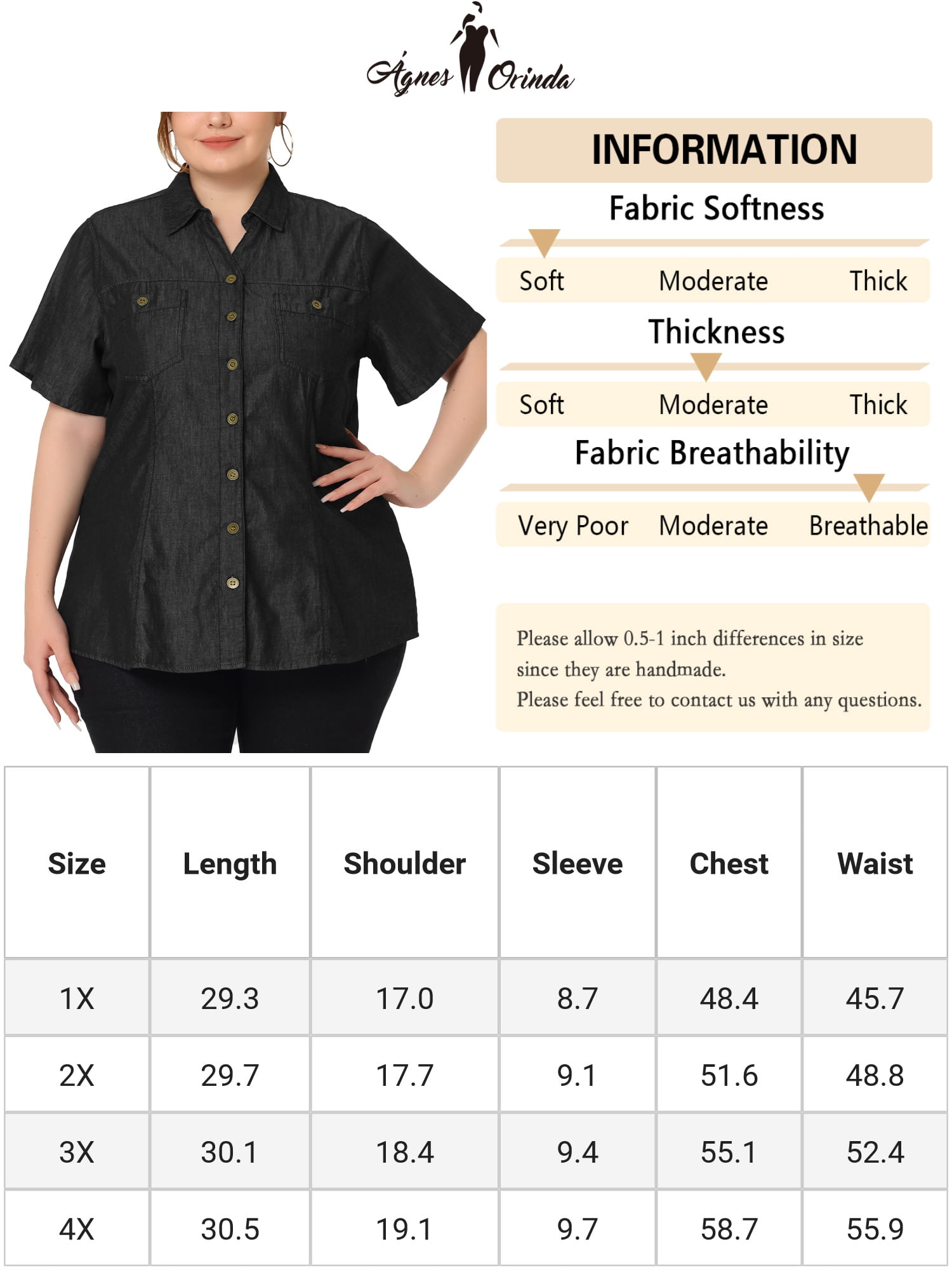 DARING DIVA Women's Plus Blouse Chest Pocket Button Down Demin Shirt 3X Black