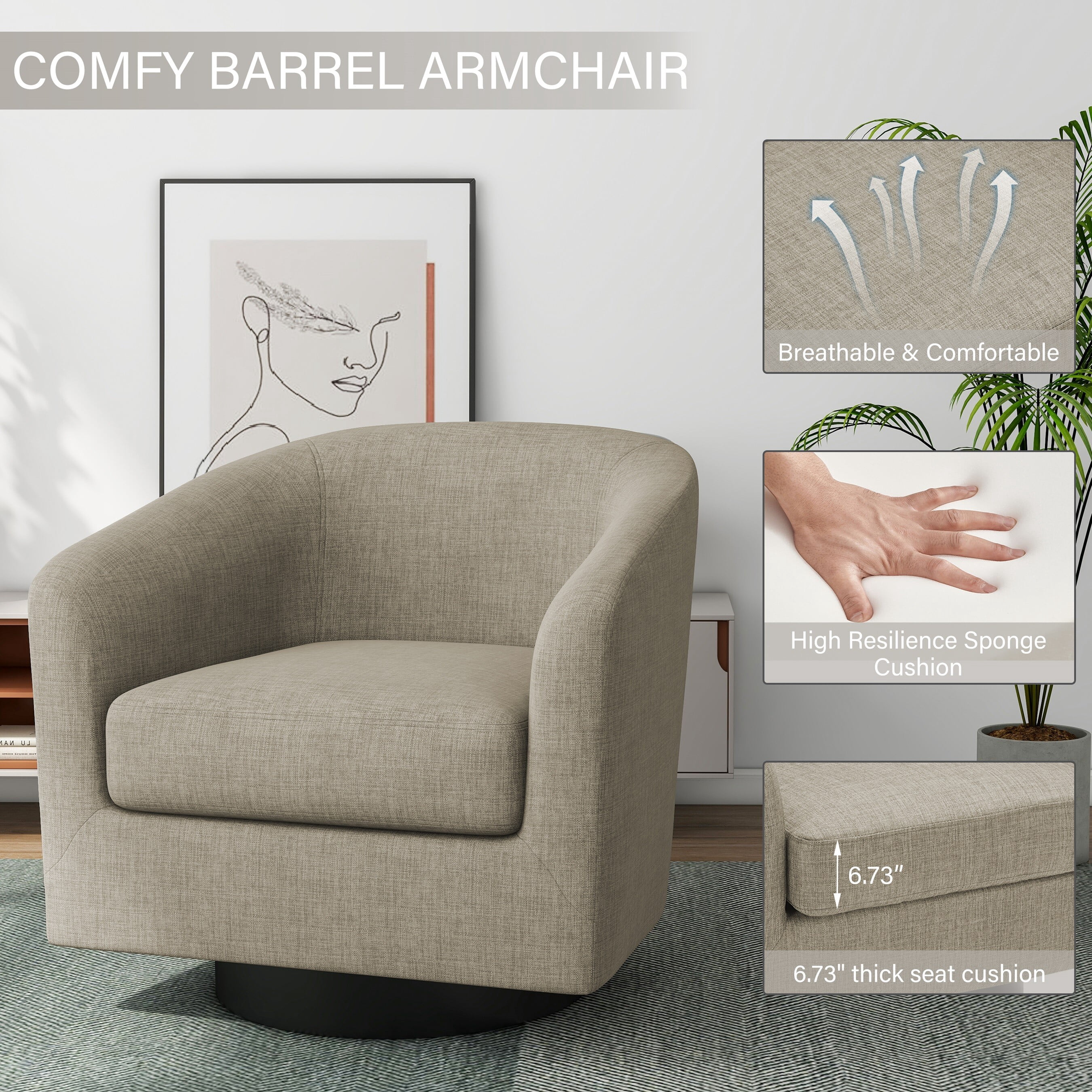 DREAMSIDEA Swivel Barrel Accent Chairs Set of 2, Modern Upholstered Living Room Chair Round Club Armchair-Light Brown