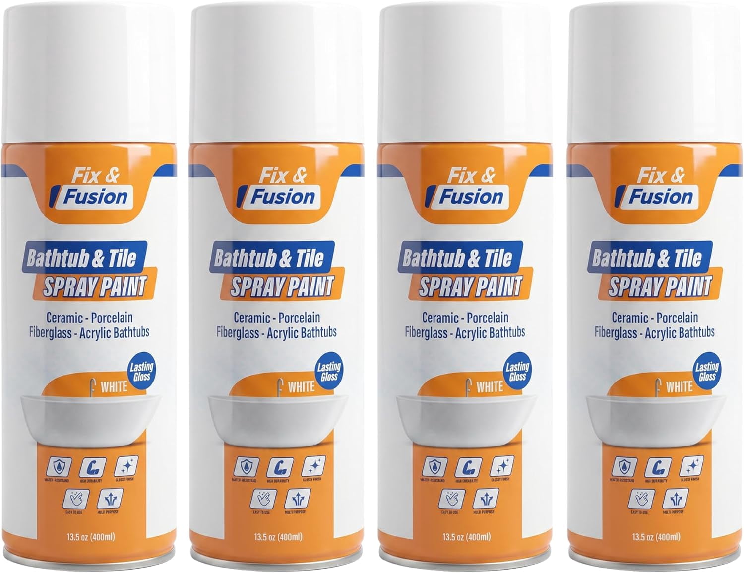 Fix & Fusion Bathtub & Tile Spray Paint, Multi-Surface Coating for Bathroom & Kitchen, High Adhesion, Water-Resistant, for Porcelain, Ceramic, Fiberglass, Countertops & More, White 13.5 oz (4 Pack)