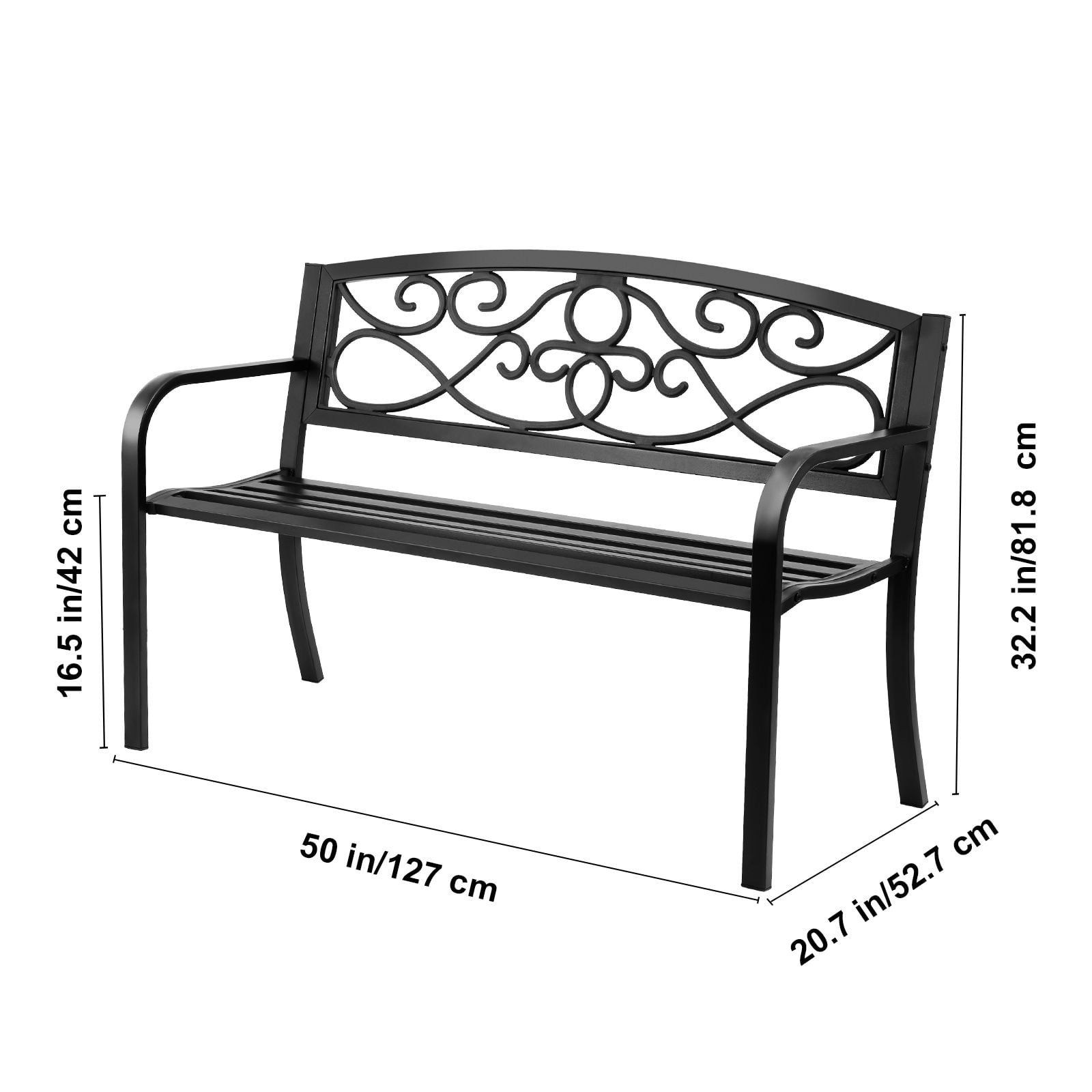 Outdoor Bench, 50 inches Metal Garden Bench for Outdoors, 550 lbs Load Capacity Bench, Outdoor Garden Park Bench with Backrest and Armrests, Patio Bench for Garden, Park, Yard, Front Porch