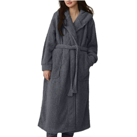 Riecok Long Robes for Women with Hood Cozy Soft Long Sleeve Warm Bathrobe with Front Pockets and Tie Closure Comfortable Nightdress Dark Gray L