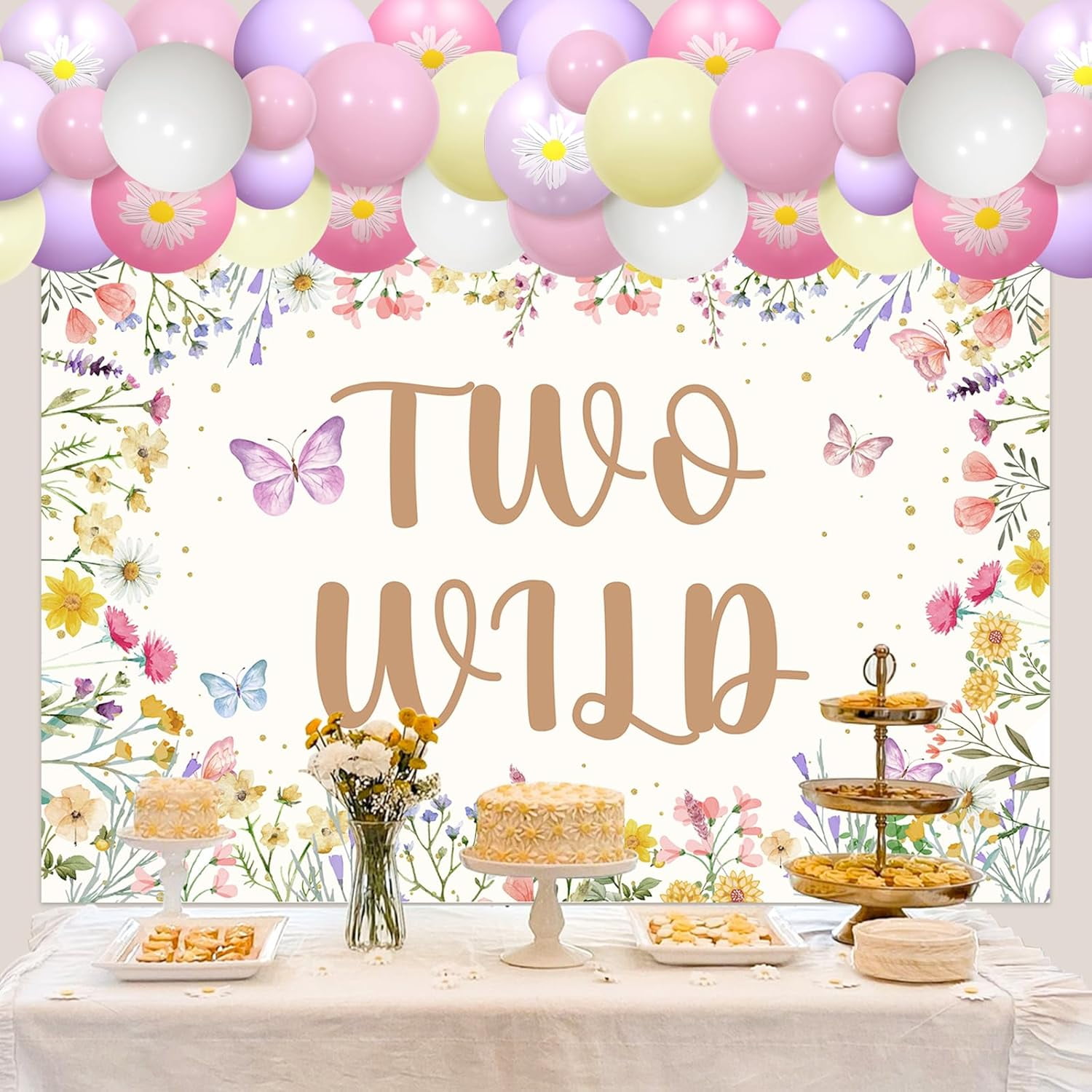 JOYMEMO Wildflower 2nd Birthday Balloon Arch Kit, Flowers Two Wild Second Birthday Backdrop 2 Year Old Girl Bday Decor, Butterfly Floral Two Years Old Birthday Decorations Garden Supplies