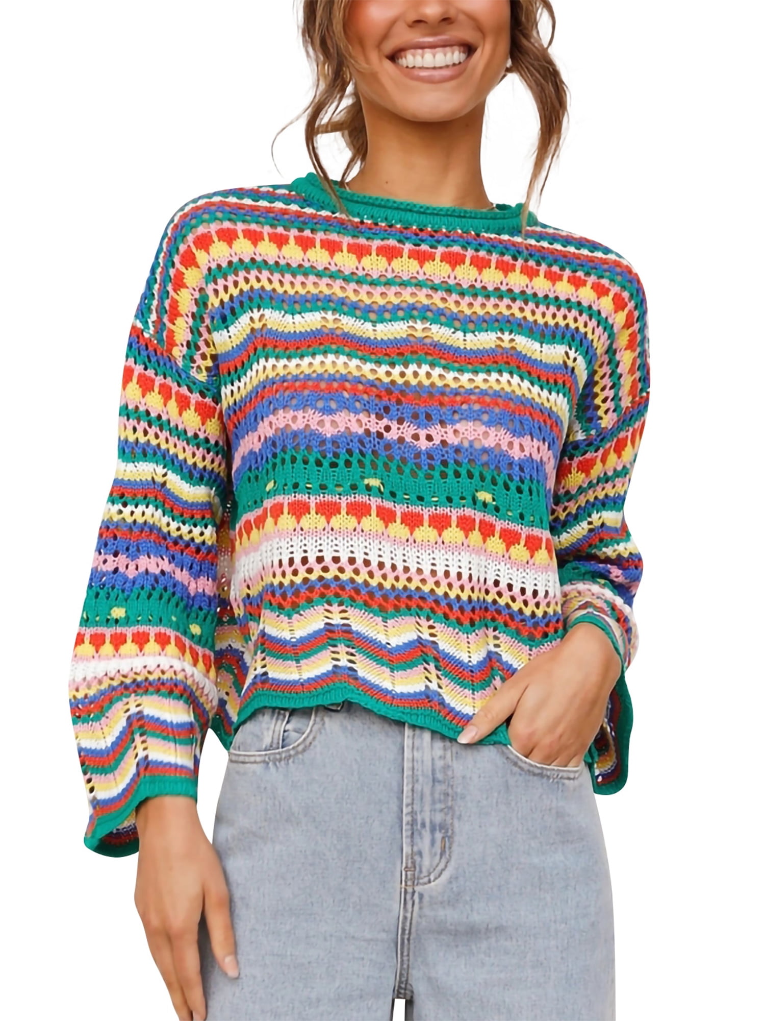 ECOWISH Women's Rainbow Striped Sweater - Colorful Long Sleeve Crewneck Pullover, Casual Knit Top