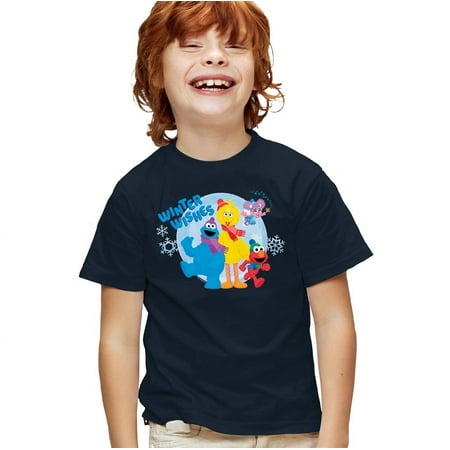 Sesame Street Winter Wishes Elmo, Cookie Monster, Big Bird Kids T Shirt for Youth Boys and Girls, Navy, Medium