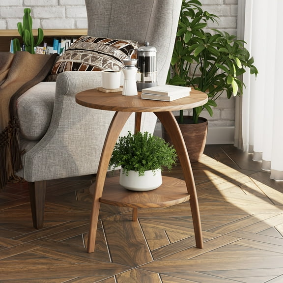 OverSeas Mid-Century Modern Round End Table with Storage Shelf, Walnut Finish Curved Legs for Living Room, Easy Assembly