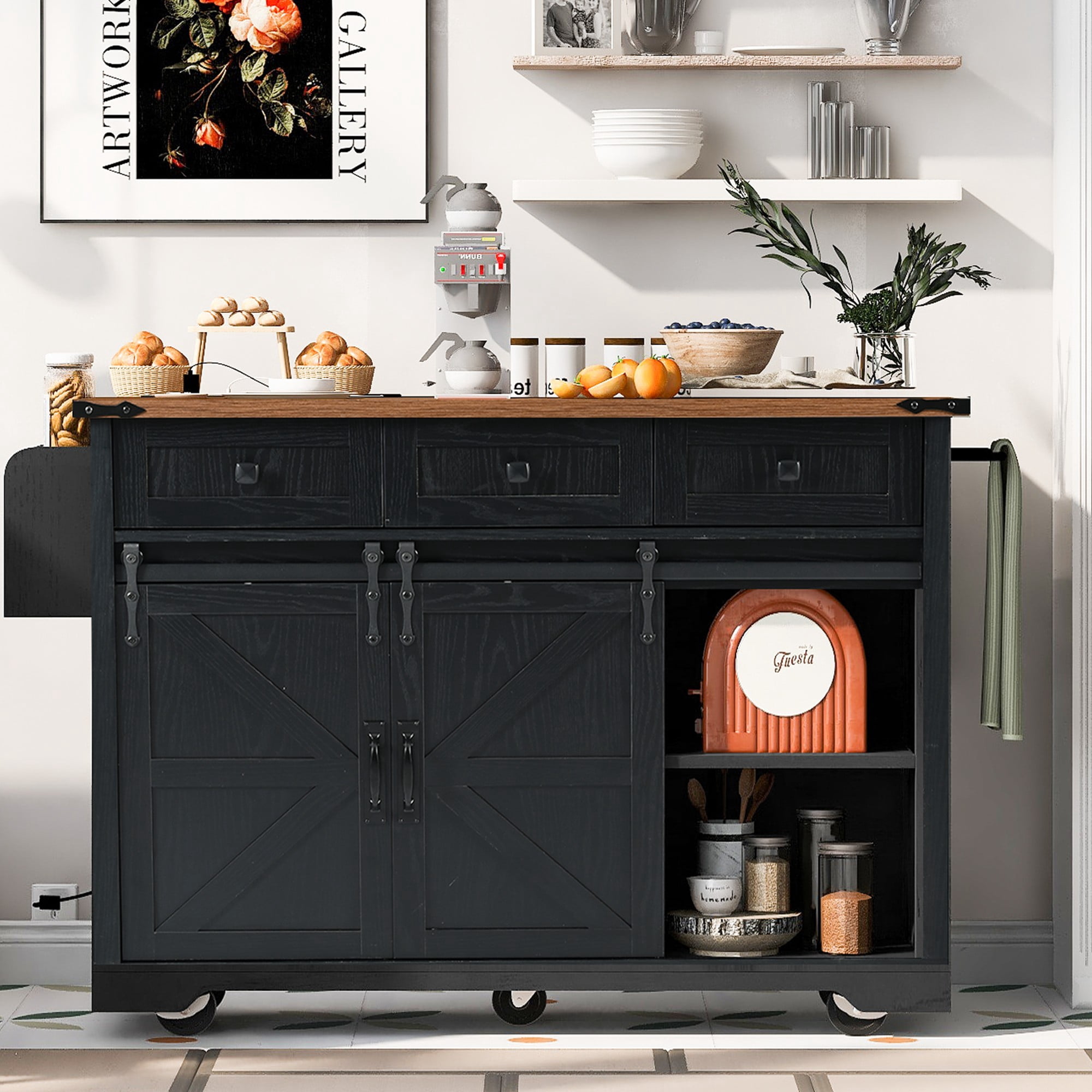 Chords Attic 53.7"W Farmhouse Rolling Kitchen Island with Sliding Barn Doors, Mobile Kitchen Islands with Drop Leaf and Power Outlet, Rustic Kitchen Storage Cart with Spice Rack for Dining Room
