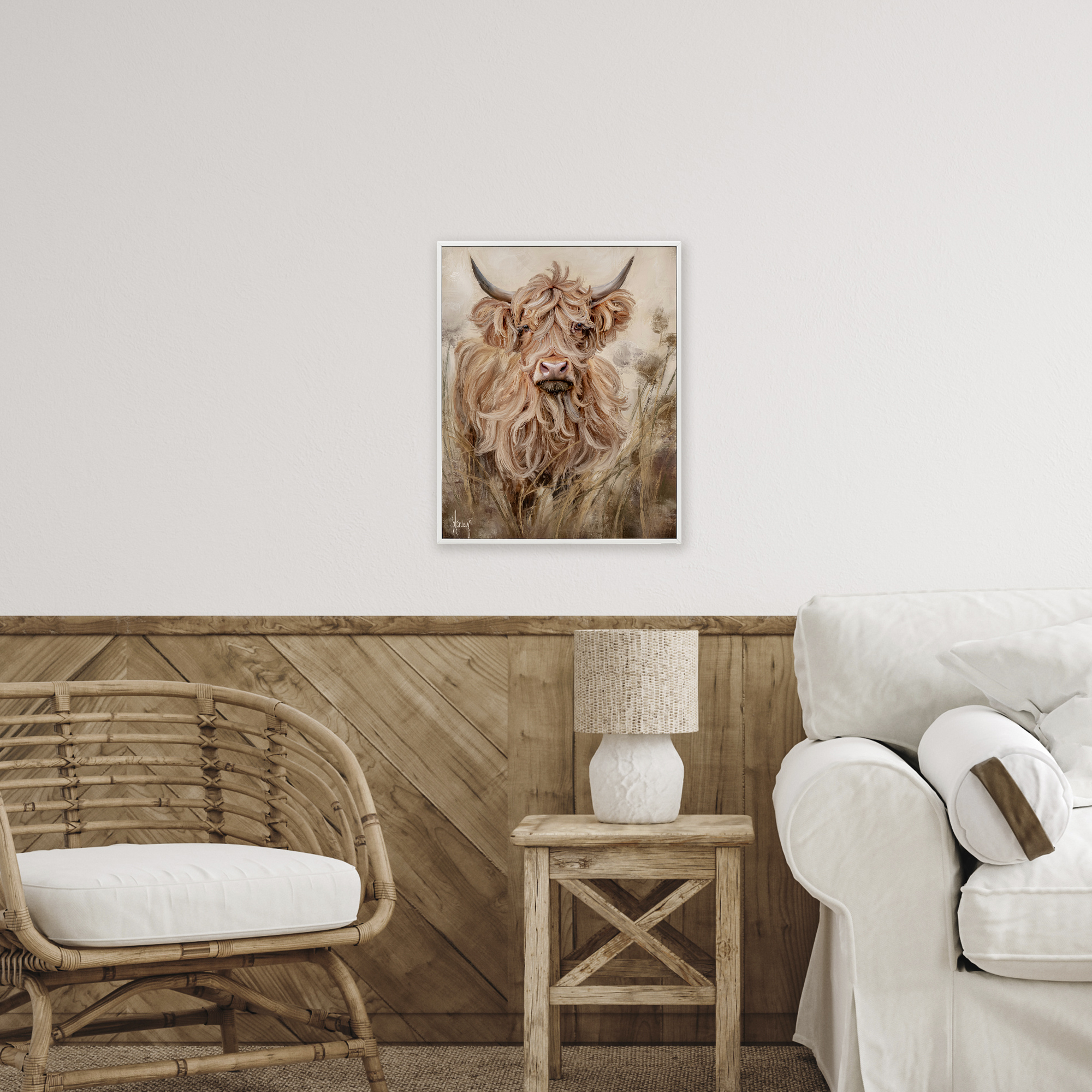 Curly Haired Highland Cattle White Framed Giclee Art, design by Ashley Bradley