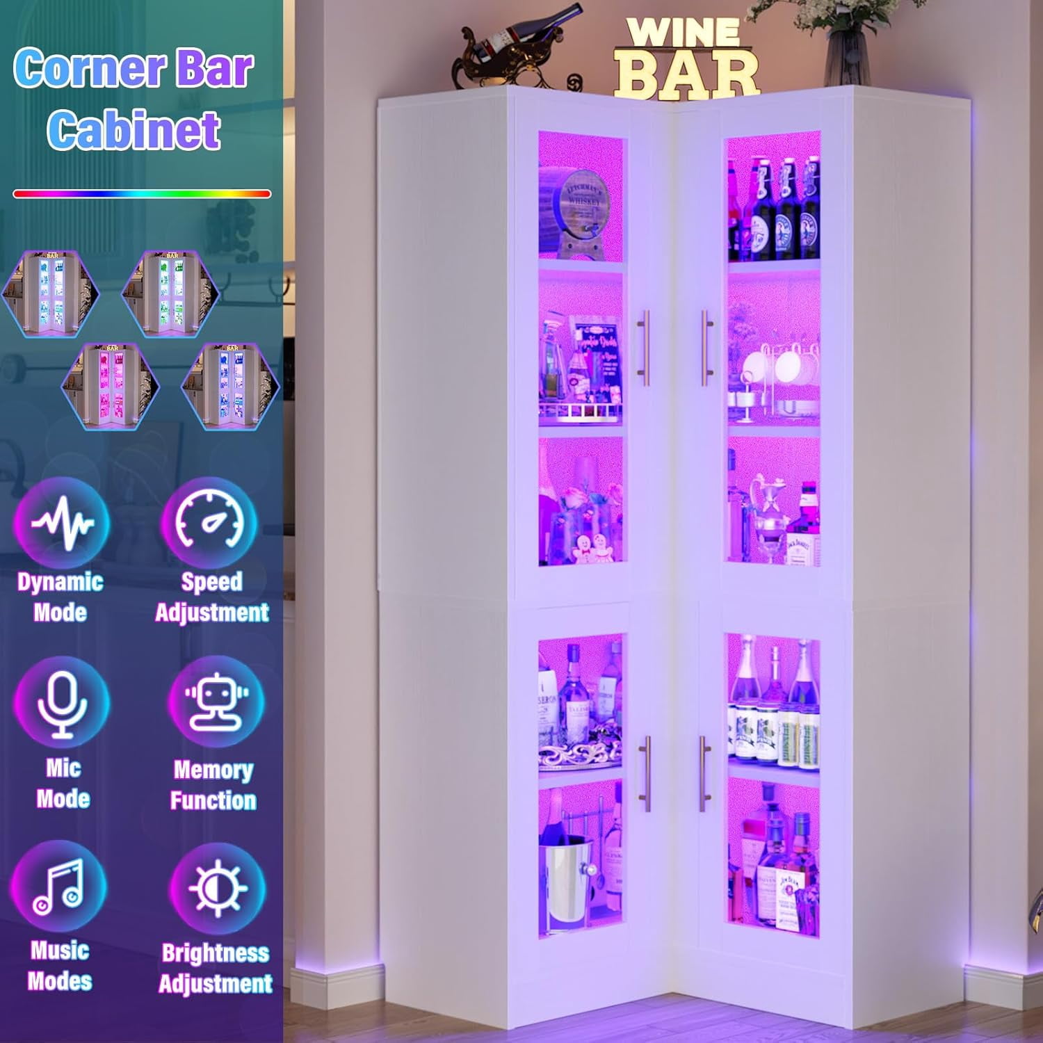 Homieasy 70'' Tall Corner Pantry Cabinet, L Shaped Kitchen Hutch Cabinet with LED Lights, Glass Doors & Adjustable Shelves, Storage Cabinet for Dining, Kitchen, Closet, White