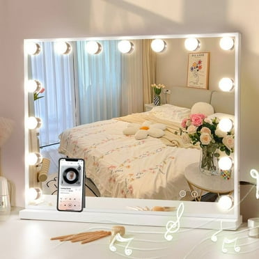 VANITII LLC VANITII Large Hollywood Vanity Makeup Mirror with 15 LED Bulbs 3 Color Lights Bluetooth Tabletop  Wall Mount Metal White