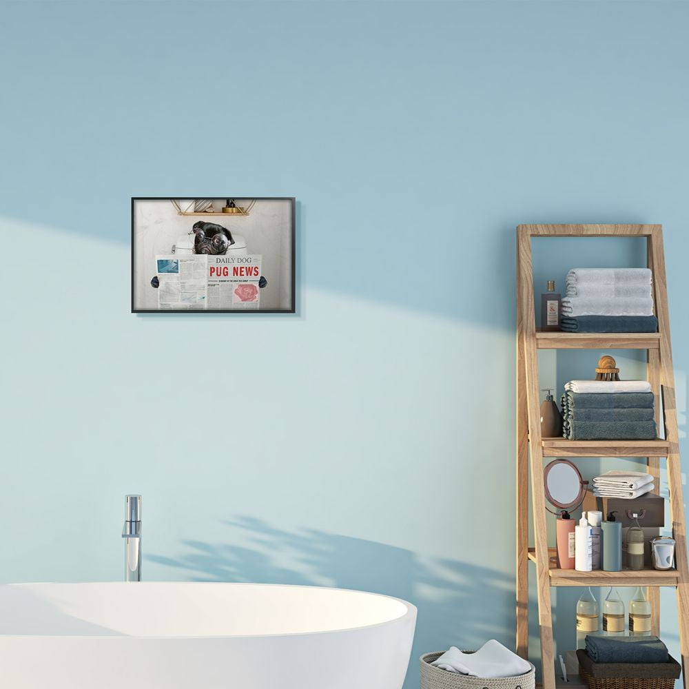 Stupell Industries Bathroom Pug Daily Toilet Briefing Dog Humor Framed Wall Art Design by Ziwei Li, 11" x 14", Black Framed