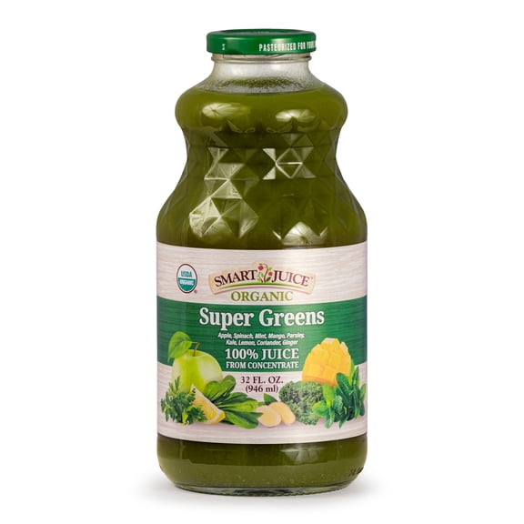Smart Juice Organic Super Greens Juice with Spinach, Kale, Mango & Ginger Shelf-Stable, 100% Juice 32 fl oz, Pack of 6