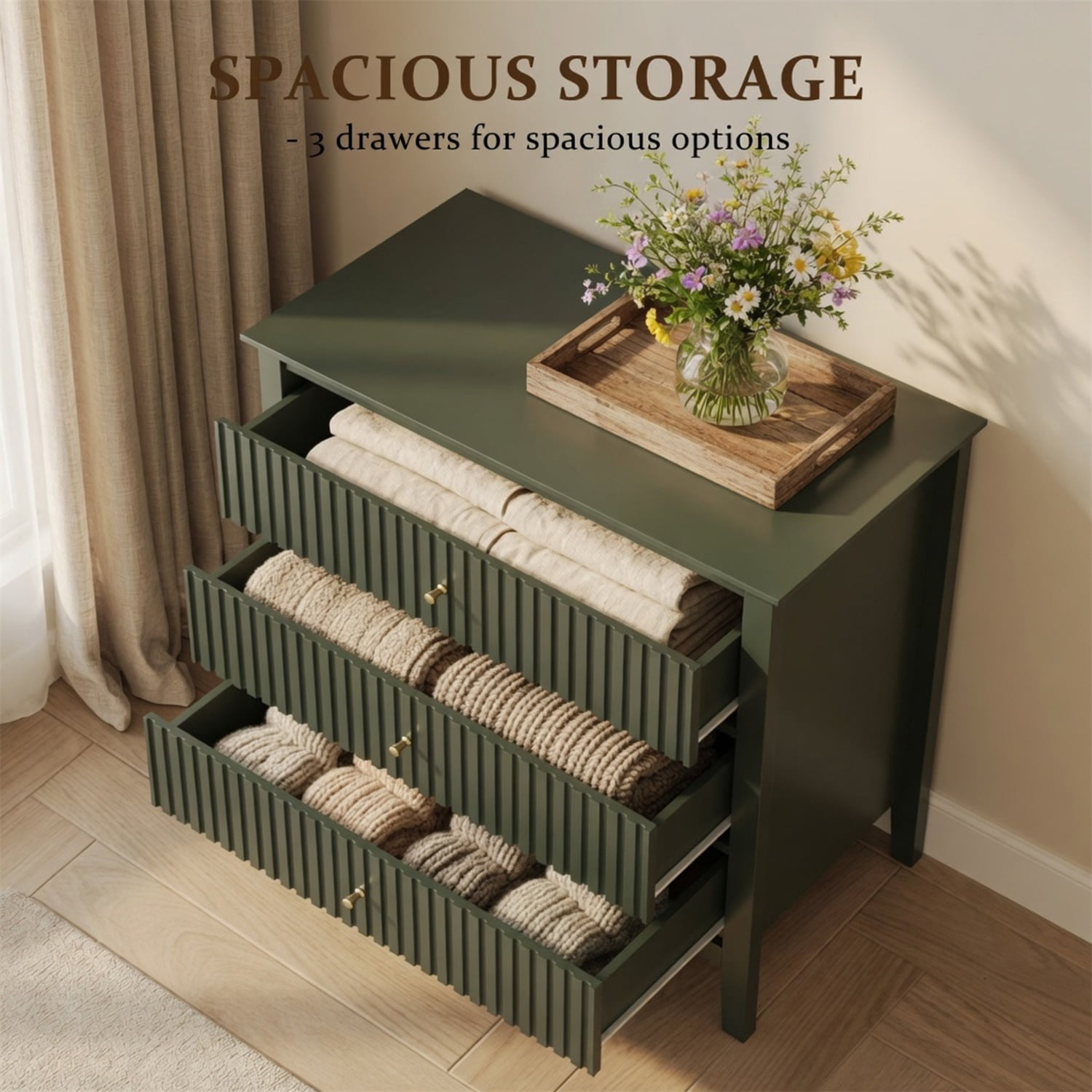 Hommoo 32"W Wooden Fluted 3-Drawer Nightstand, Large Modern Bedroom End Table, Green