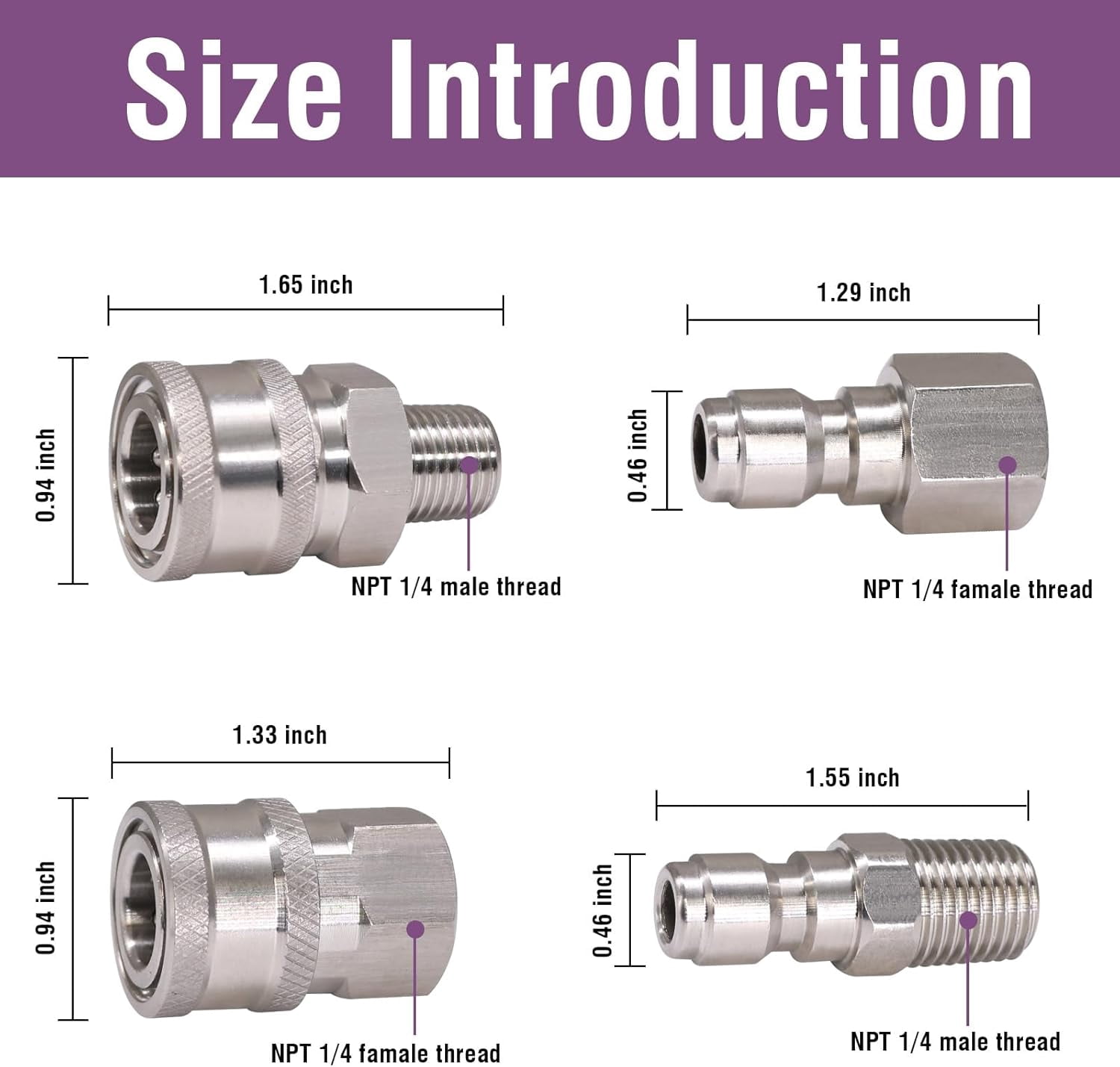 JJEAN-1/4 inch Pressure Washer Quick Connect Fittings, Stainless Steel Power Washer Quick Connect Accessories, Pressure Washer Hose Adapter Fittings for Water Pump, Sprayer,Wand, 5000 PSI