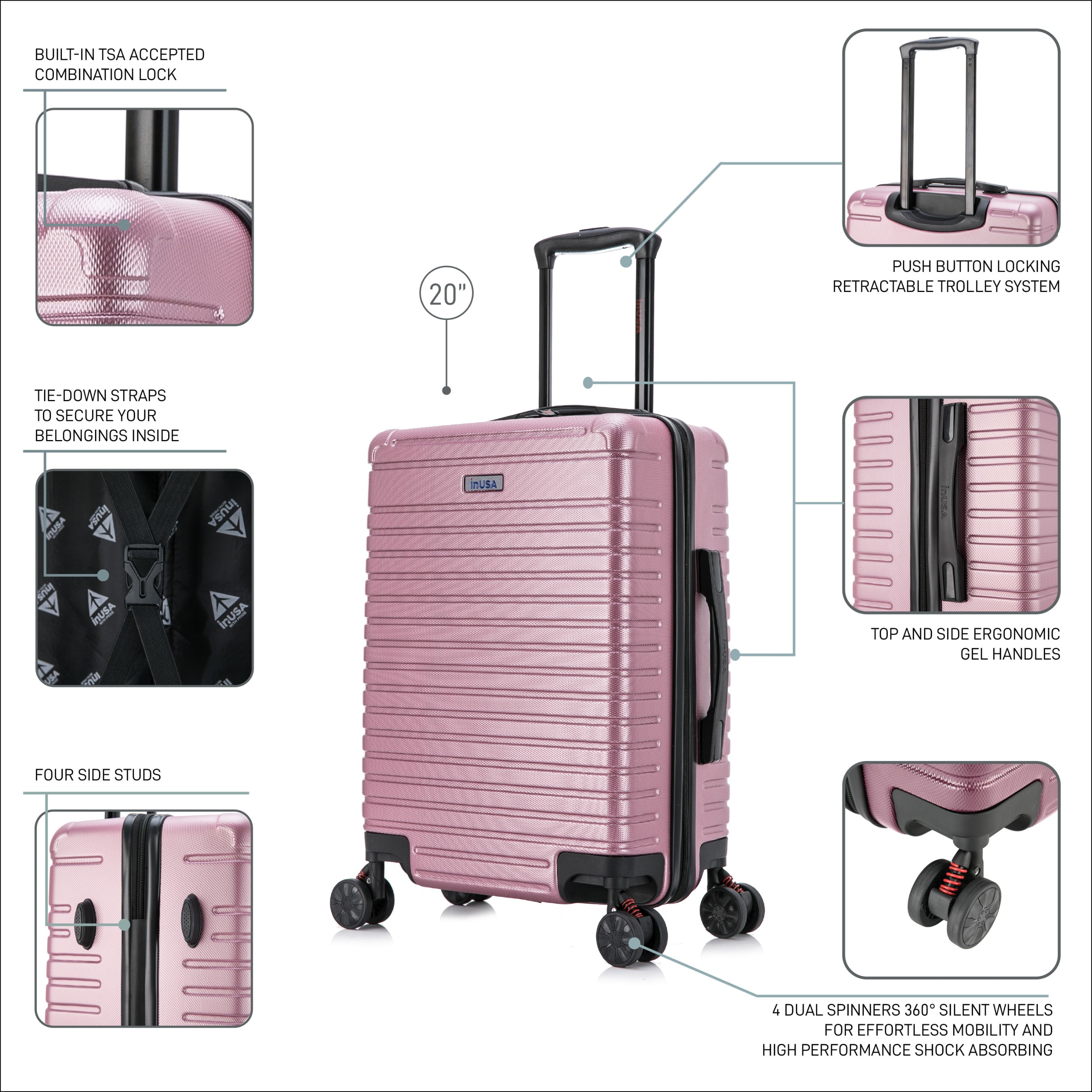 InUSA Deep 20" Hardside Lightweight Luggage with Spinner Wheels, Handle Studs, Trolley, Rose Gold