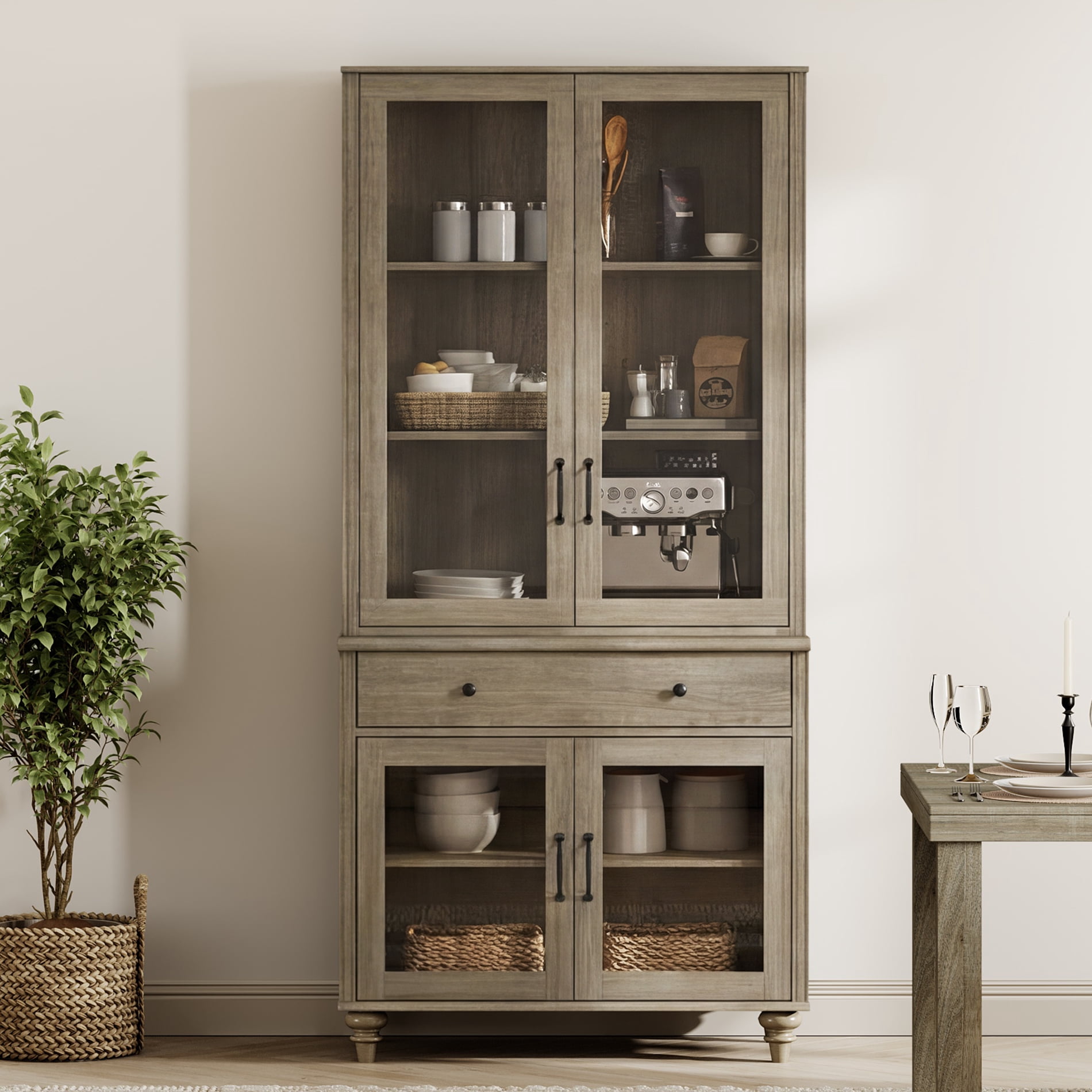 72.1"H × 33.9"W Farmhouse Wooden Bookcase with Glass Doors and Drawer, Large Storage Bookshelf for Living Room, Bedroom, Home Office & Kitchen, Wash Gray