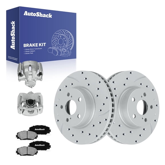 AutoShack Front Vented Drilled & Slotted Coated Brake Rotors Silver Matte Finish   Ceramic Pads   Calipers 8-PC Brake Kit Replacement for 2009-2019 Toyota Corolla TurboGuard 10.82" (274.9 mm)