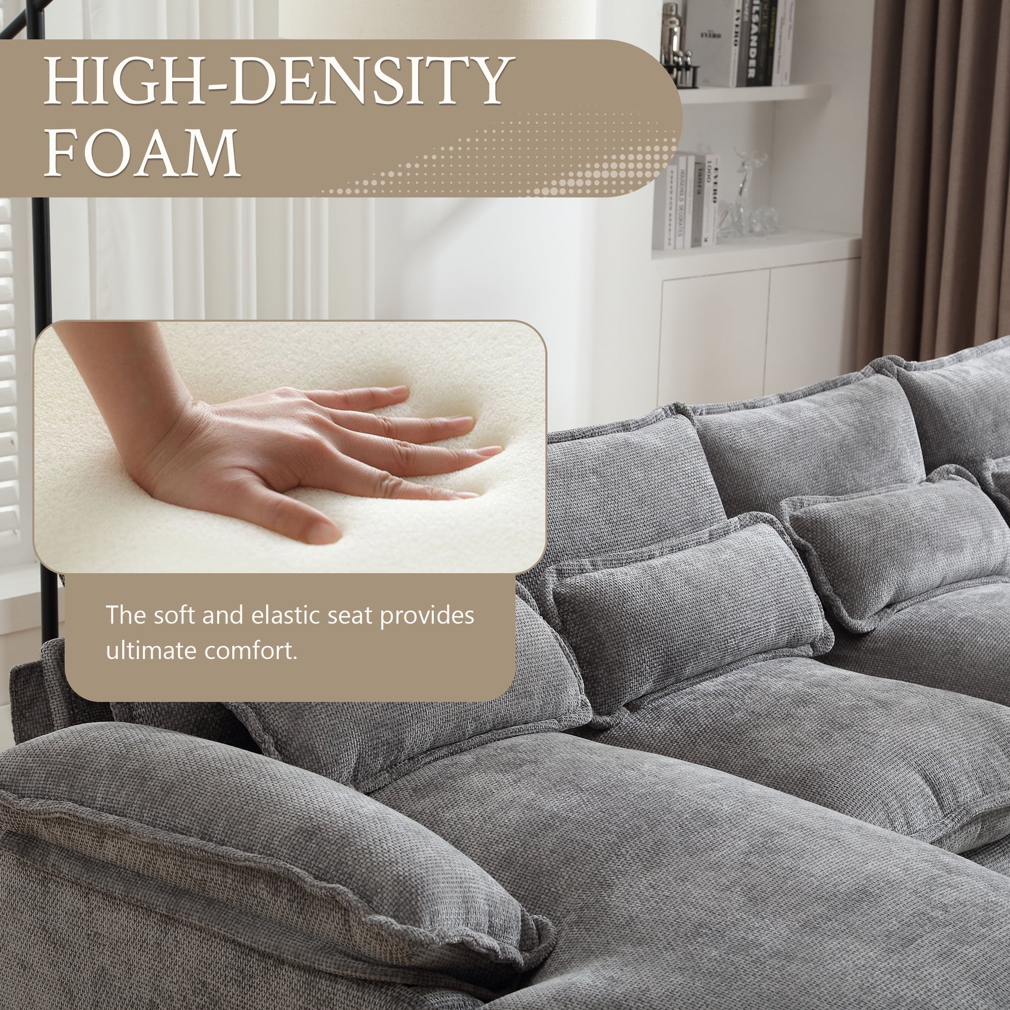 MOONMISS Chenille Upholstered U-Shaped Oversized four-seater Living Room Sectional Sofa With Wooden Frame-Light Gray