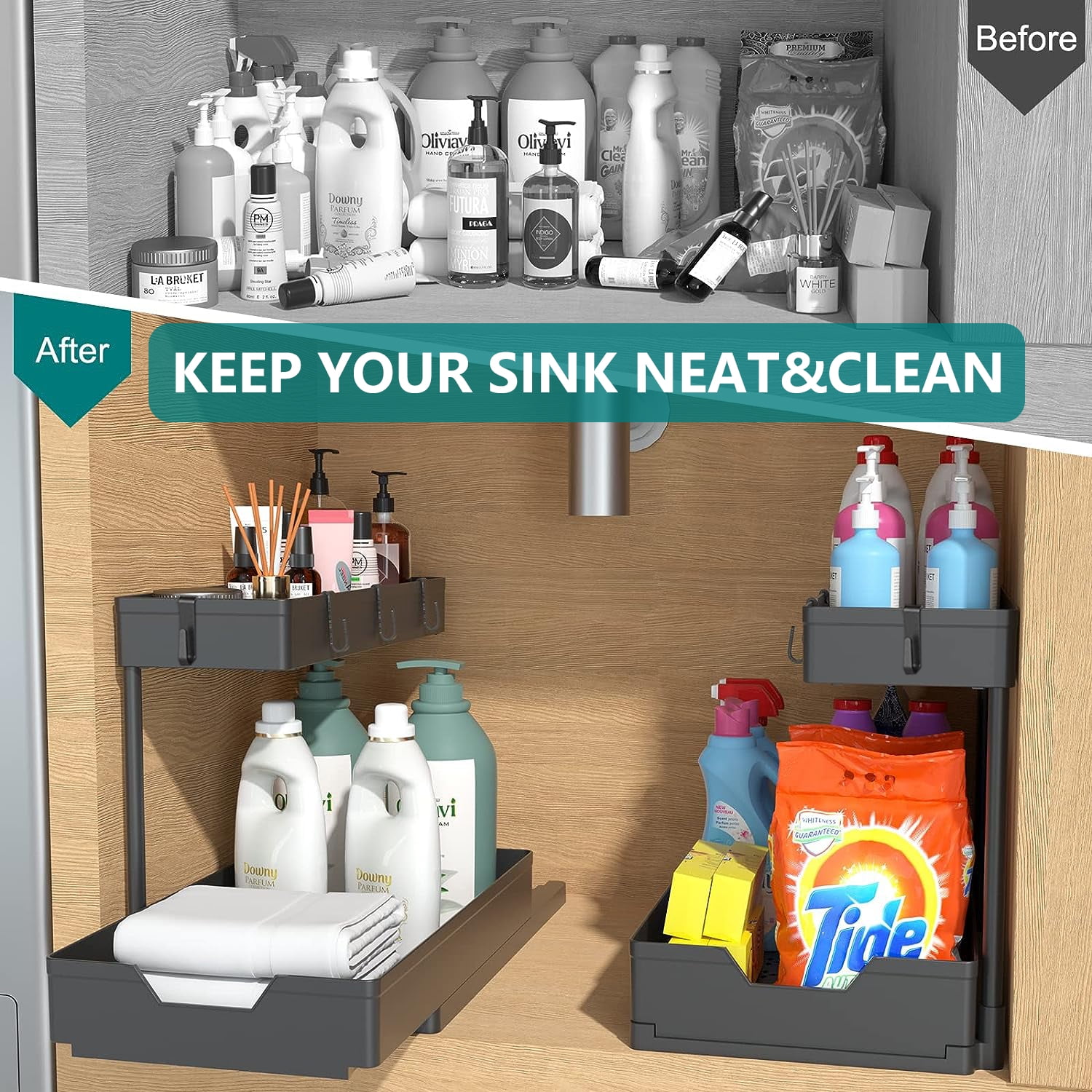 PHANCIR 2-Pack Under Sink Organizer Storage, 2 Tier L-Shape Multi-Purpose Large Capacity Kitchen Under Sink Organizers for Narrow Space Easy Access Sliding Storage Drawer with Hooks for Bathroom