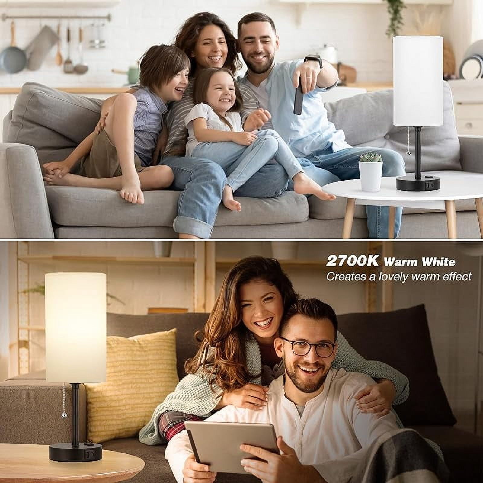 Small Bedside Table lamp for Bedroom - 3 Color Temperatures Bedside Lamps with USB C and A Ports, Pull Chain Table Lamps with AC Outlet, White Nightstand Lamps with Black Metal Base for Kids Reading