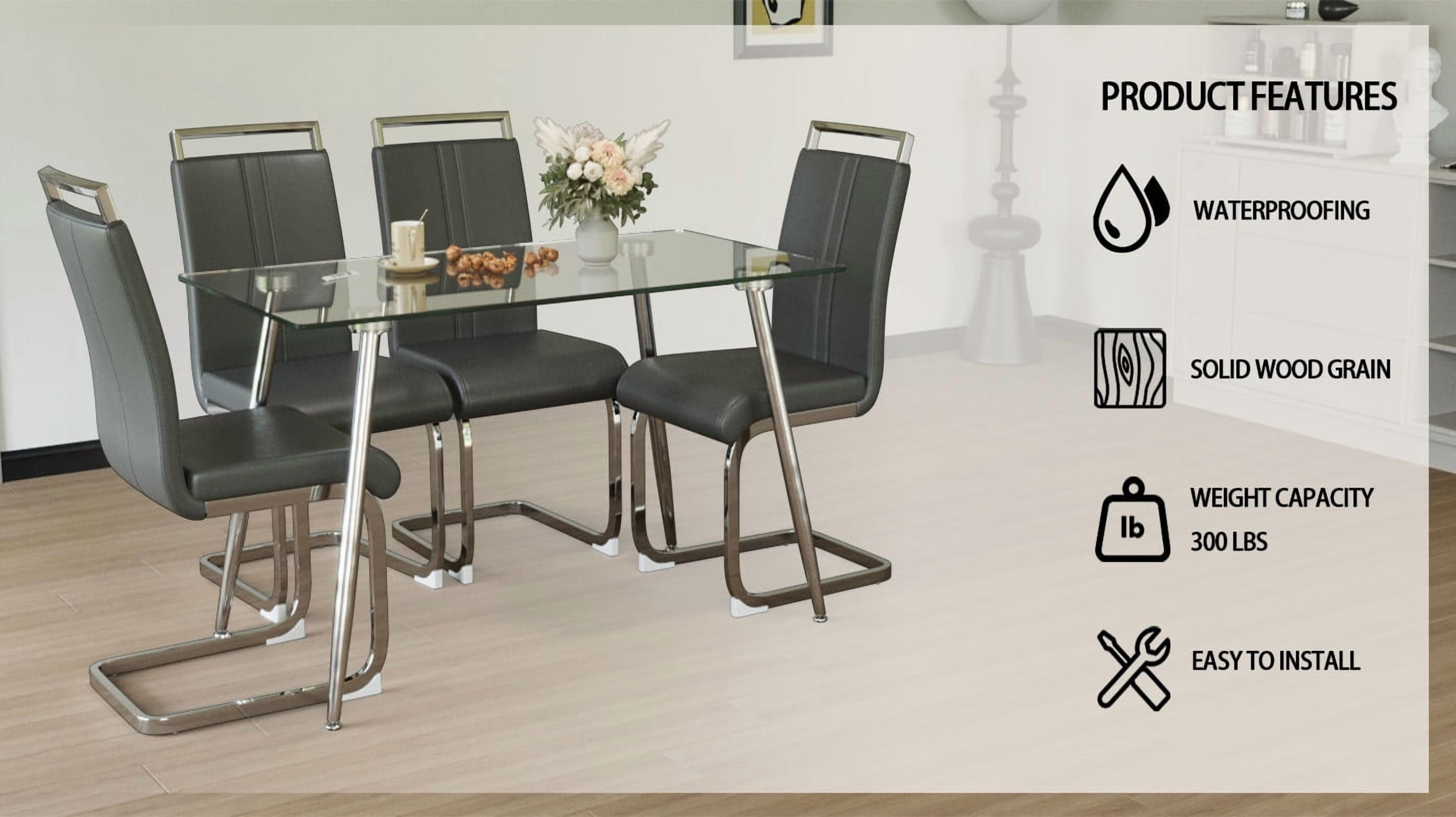 51" Glass Dining Table Set for 4, Silver Plating Legs with PU Armless Chairs, Modern Rectangle Tempered Glass Top​