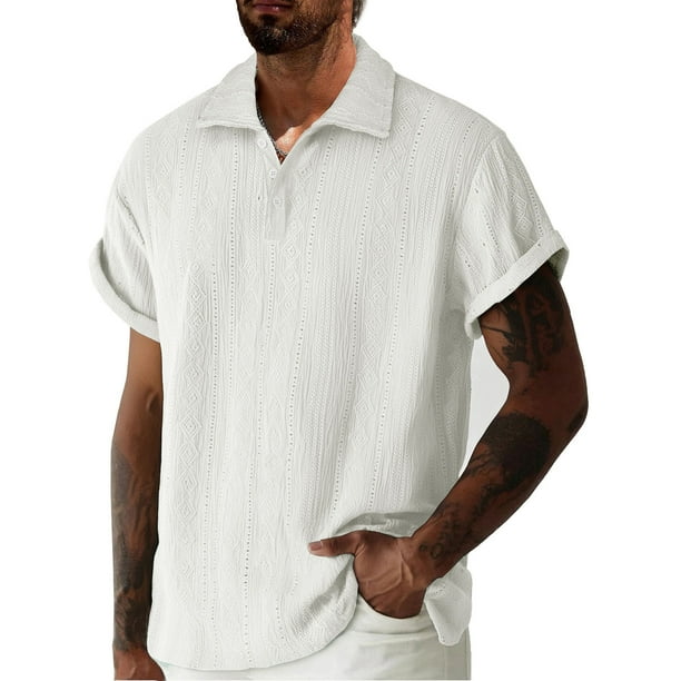 Blusa y camisa de manga corta con cuello vuelto para hombre, informal, a la moda, con botones, lisa, de poliéster.