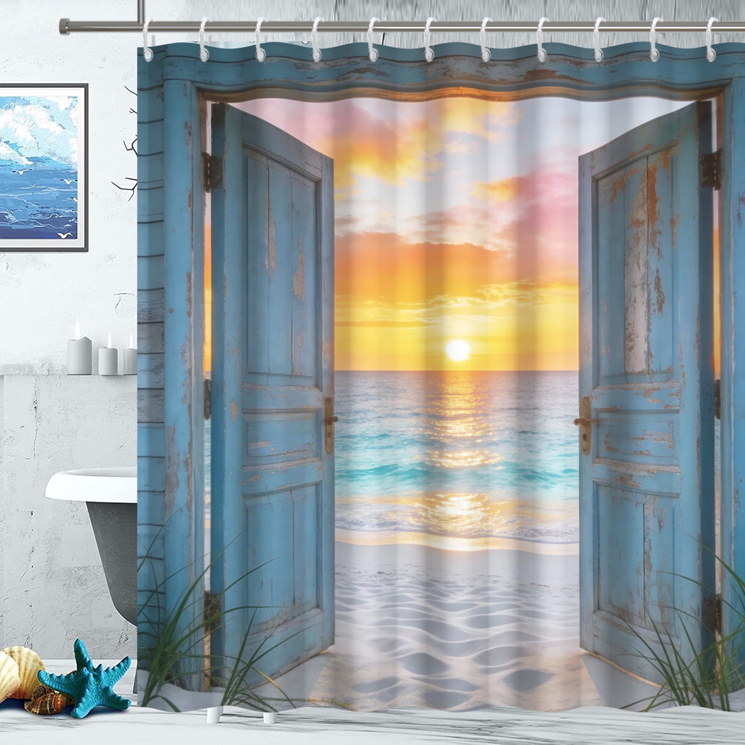 Beach Coastal Shower Curtain,Teal Ocean Sunrise Seascape Nautical Shower Curtain,Rustic Barn Door Seashore Fabric Shower Curtain for Bathroom,60"x72"