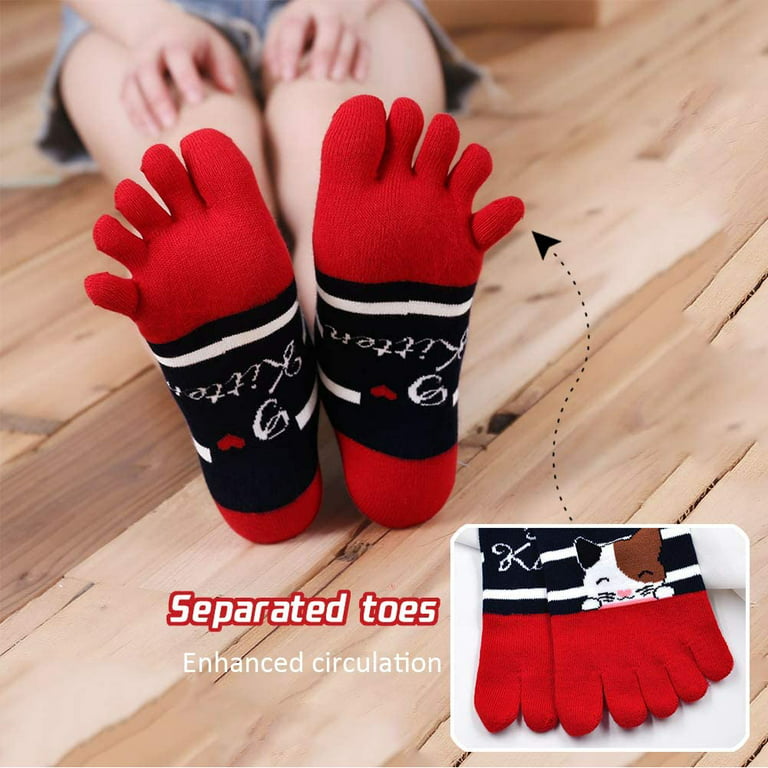 LOFIR Womens Toe Socks Comfy Cotton Novelty Cute Cat Animal Pattern Casual  Ankle Finger Socks for Running Athletic, 5 Pairs 