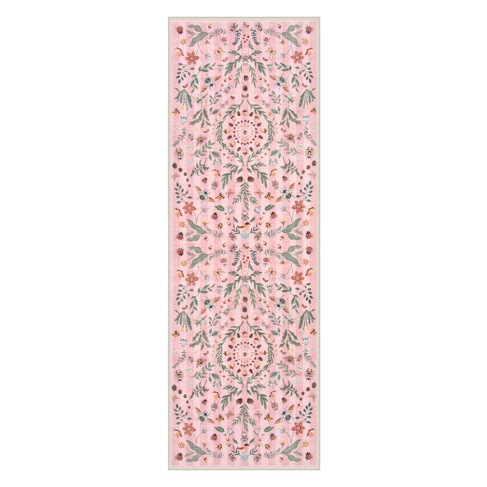 Wonnitar 2x6 Insect Kitchen Runner Rug, Ultra Thin Pink Boho Floral Runners for Hallway, Soft Low Pile Washable Runner Rugs, Non Slip Rug Runner for Entryway Laundry