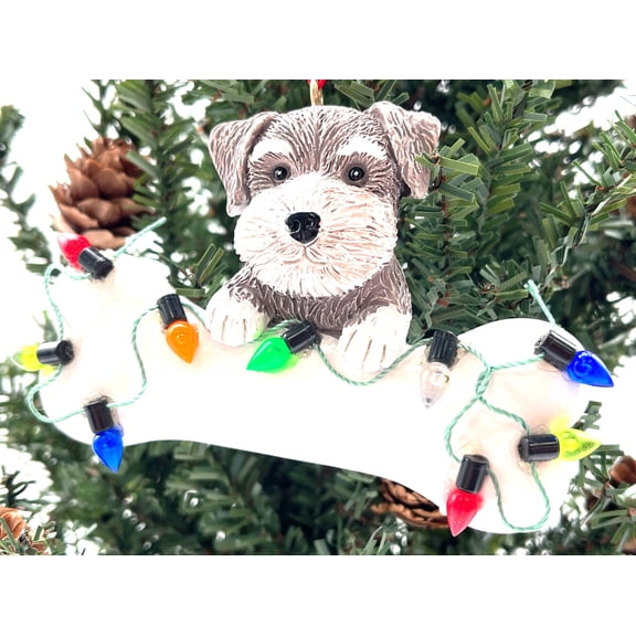 Schnauzer Puppy with Large Bone and Christmas Lights Ornament Dog Pet A1680SC