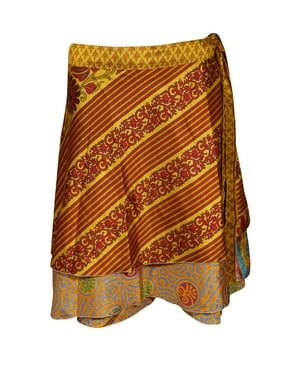 Mogul Women Yellow Red Silk 2 Layer Sari Reversible Mini Printed Wrap Skirts