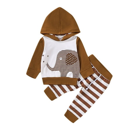 

Newborn Baby Boys Outfits Long Sleeve Elephant Print Hoodie Top +Stripe Pants 2Pcs Clothes Set 6-9 Months Brown