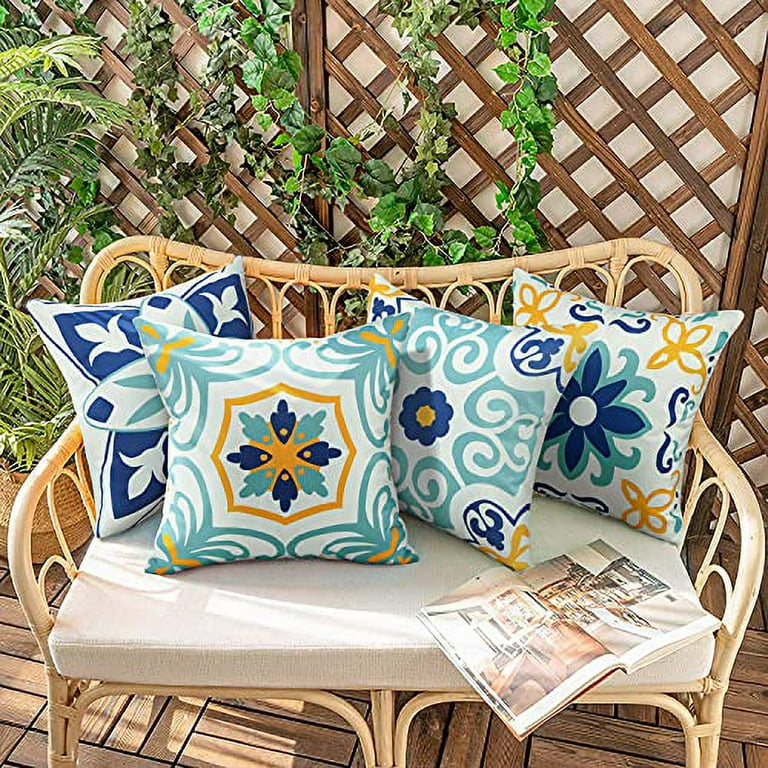 Pyonic Outdoor Waterproof Throw Pillow Covers Set of 4 Floral Printed and Boho Farmhouse Outdoor Pillow Covers for Patio Funiture Garden 18x18 inch