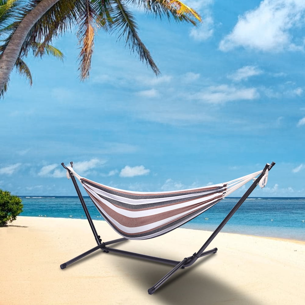 Professional Black Silver Flowers Steel Hammock Stand with Polyester Coffee Stripe Hammock 250LBS Weight Capacity Portable Hammock Set with Handbag & Manual for Outdoor Indoor Use