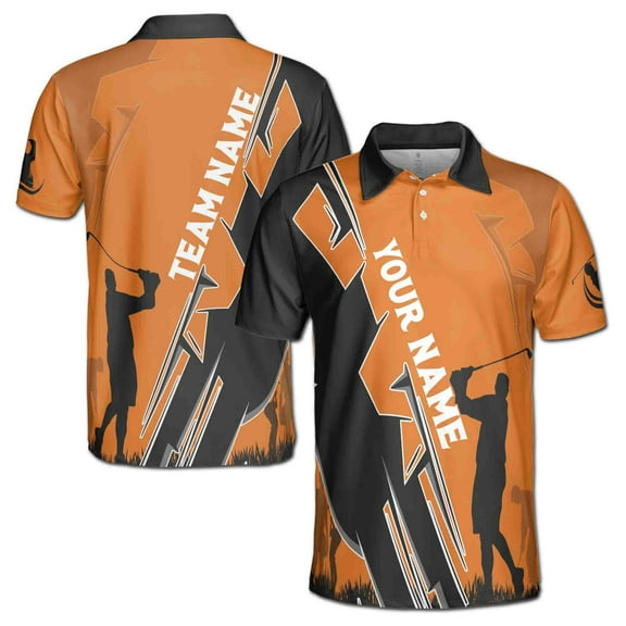 Custom Name Team Black Orange Golfer Silhouette Men's Polo Shirt S-5XL
