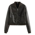 thumbnail image 2 of Faux PU Leather Cropped Bomber Jacket for Women Long Sleeve Baseball Collar Zip Up Biker Coat with Pockets Outerwear, 2 of 8