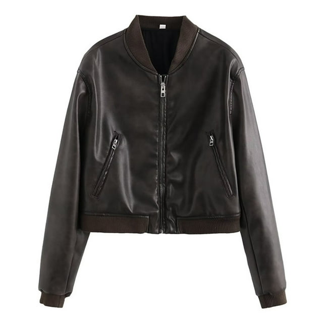 Women's Stand Collar PU Leather Jacket Casual Motorcycle Outerwear for Daily Use and Winter Riding