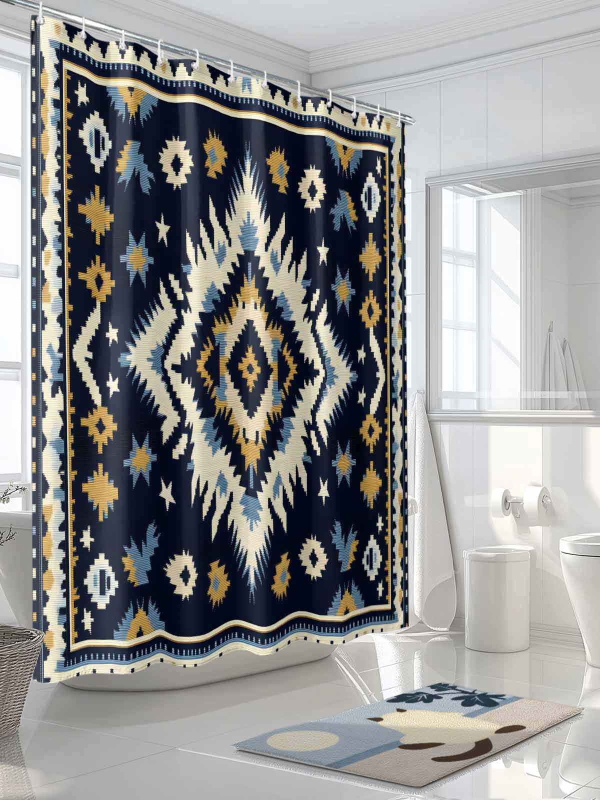 Boho Navy Blue Shower Curtain Set, Waterproof Shower Curtains for Bathroom, Ethnic Geometric Southwestern Retro Washable Fabric Cloth Bath Curtain for Bathtub Decoration with Hooks 72x78 Inches