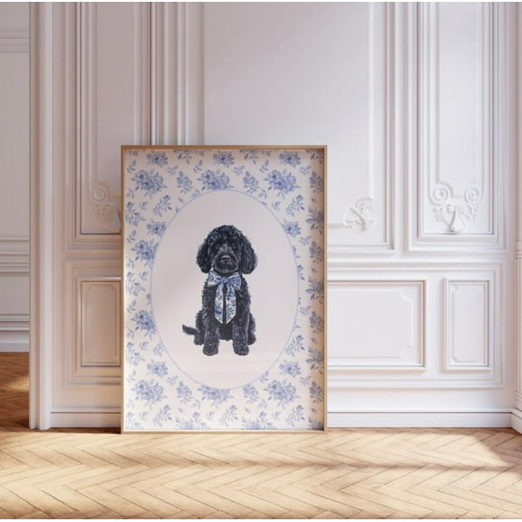 Miluva Preppy Black Goldendoodle Art Print, Chinoiserie Aesthetic Dog Print, Preppy Dog , Black Doodle Dog Gifts, Cute Preppy Nursery Art Wall Art Decor For Home Office, 8x12 UNFRAMED