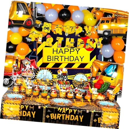 Fuliko 175 PCS Construction Birthday Party Supplies, Construction Party Decorations, Dump Truck Party Decorations Includes Balloons, Backdrop, Banner, Tablecloth, Plates, Napkins, Cake Toppers