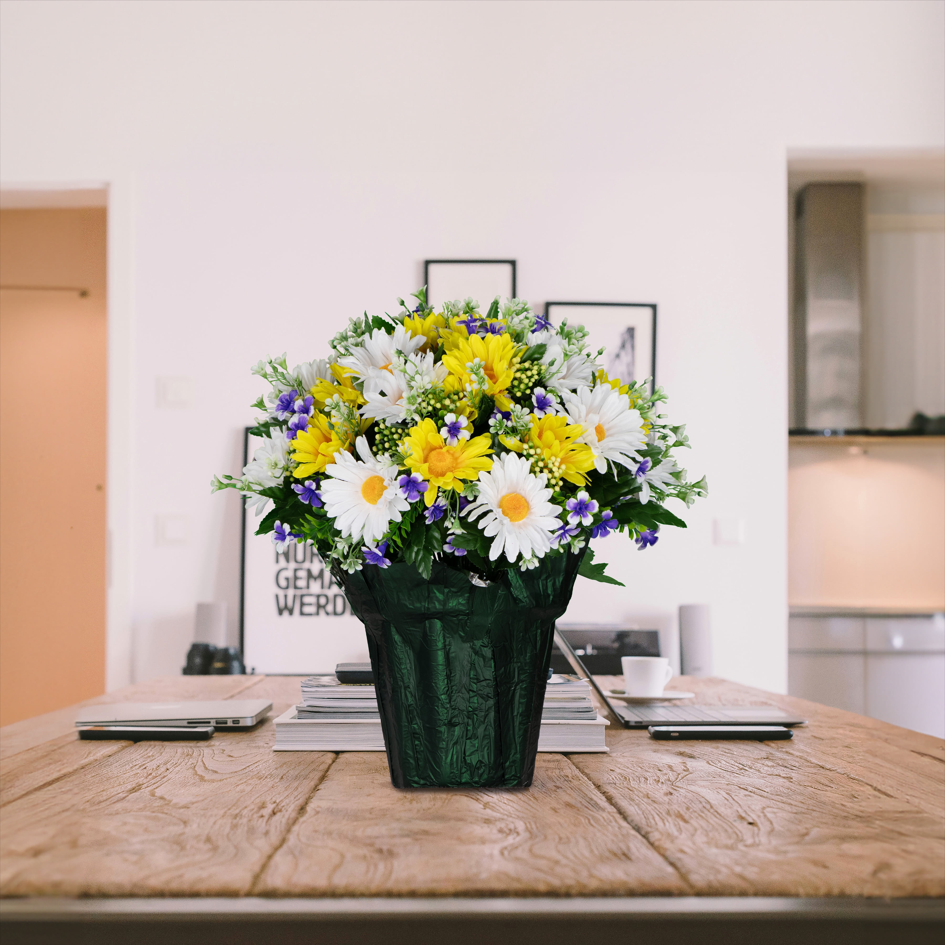 Sympathy Silks Artificial Flowers White and Yellow Daisies Weighted Flower Pot
