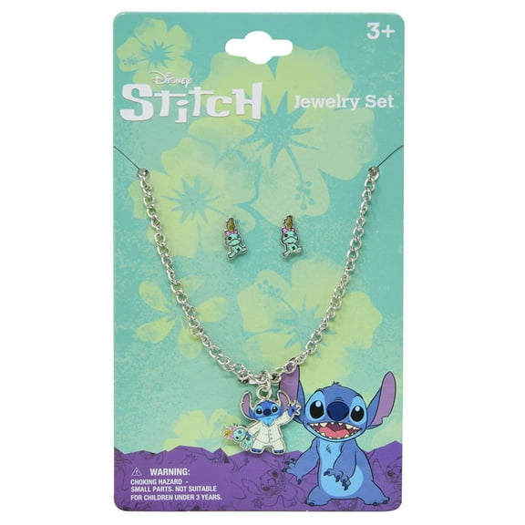 Disney Stitch Metal Necklace & Earring Jewelry Set on Card, girls