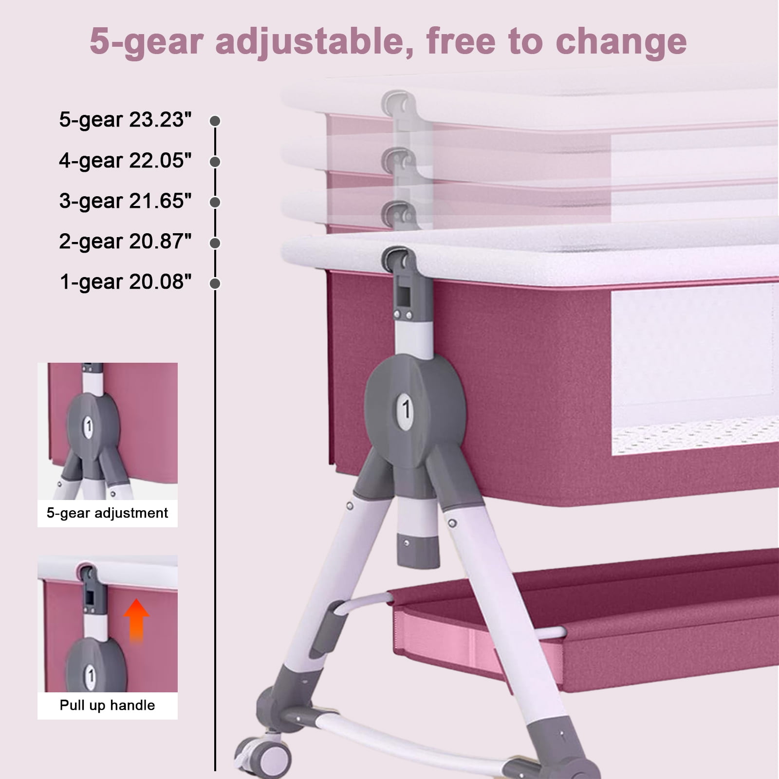EONROACOO Foldable Baby Bassinet with Changing Table, Adjustable Bedside Crib for Infant, Pink
