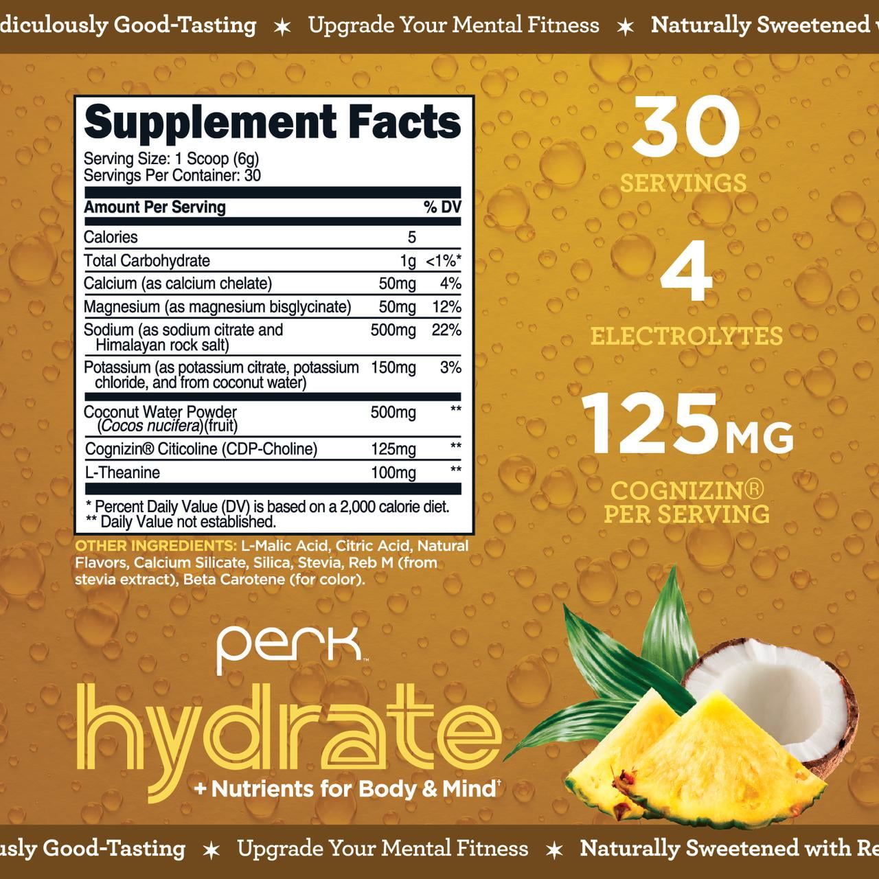 Perk Hydrate Electrolyte Drink Mix Powder (Pina Colada) 30 Servings - Coconut Water, CDP-Choline, L-Theanine, Gluten-Free, Keto Friendly, Vegan